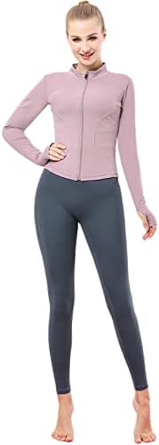 Јакна за трчање на женски жени, женска вежба за јога јакна со долг ракав, тенок фит јога спортски врвови со целосен поштенски патент