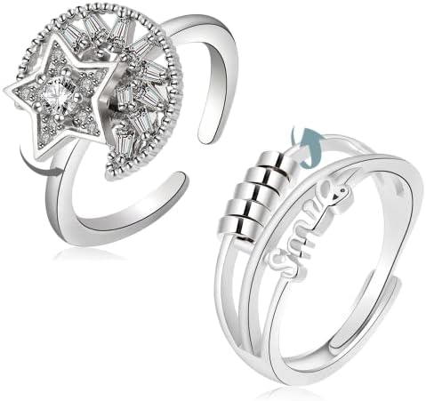 Вито Стерлинг Сребрен фидгетски прстен за вознемиреност за жени, прилагодлив прстен за редење на отворен опсег со ротирачки кубни монистра