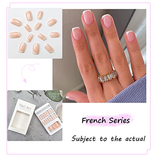 Hakjxos Притиснете на ноктите кратки светло розови сјајни акрилни лажни нокти Елегантен бел граничен ковчег дизајн лепак на ноктите за жени и девојчиња се лепи на нок?