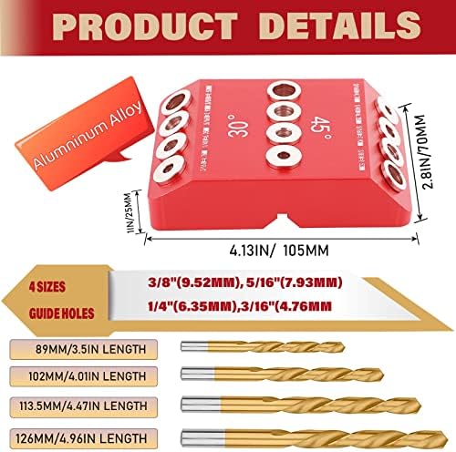 30 45 90 ° Водич за вежбање со агол на агол со 4 парчиња со 4 големини, издржлива свирка за дупчење на метал за дупчење директно и аголни дупки,