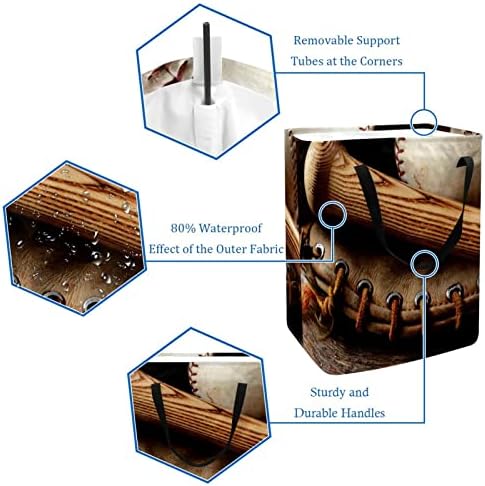 Стар Бејзбол Палка И Ракавица Стар Дрвен Отпечаток Склопувачки Пречки за Перење Алишта, 60 ЛИТРИ Водоотпорни Корпи За Перење Корпа За Перење