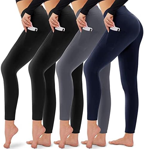 CampsNail 4 пакувања хеланки со џебови за жени - висока половината мека стомачна контрола за слабеење на црни јога панталони