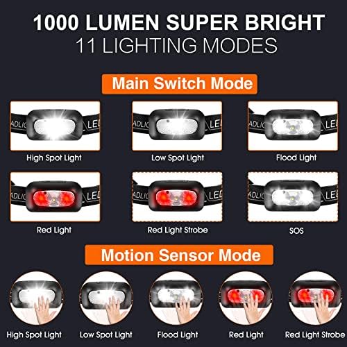 LED фаровите на полнење - глава ламба со сензор за движење, бело црвено светло, 11 режими - светла на главата на челото за возрасни