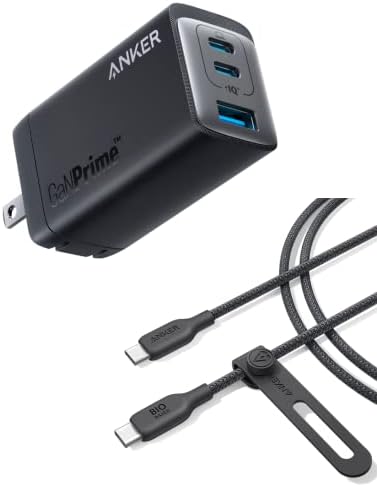 ANKER 543 USB C до USB C кабел, USB 2.0 Bio-Nylon Chable Cable & Anker USB C полнач, 735 полнач GanPrime 65W, PPS 3-порта Брз компактен полнач