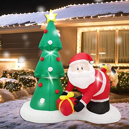 6 ft Божиќни надуени украси на отворено новогодишна елка и Дедо Мраз, вградени LED светла за одмор, разнесени двор за декорација