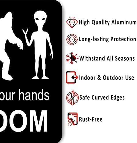 Само ве молиме, измијте ги рацете на Bigfoot Alient Sign - Инклузивен знак - врата за бања - Смешни знаци - Декор на wallидот за бања - Детски