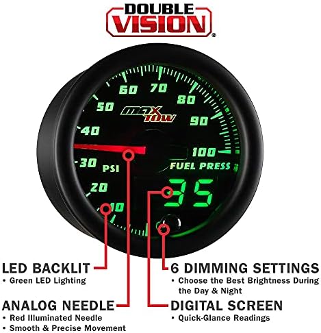 MaxTow Double Vision 100 PSI Комплет за мерач на притисок на горивото - Вклучува електронски сензор - црн мерач на лице - Зелен LED