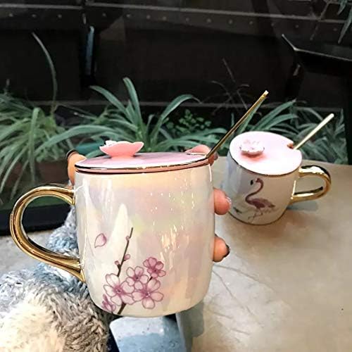 Новина Розова Фламинго Керамички Чаши Со Капак И Лажица Стилски Порцелан Кафе Кригла За Жени