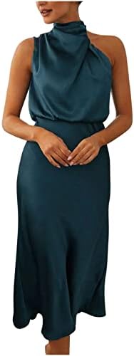 Ofенски официјален сатен фустан 2023 летен трендовски без ракавички врат цврста боја елегантна коктелска забава фустани