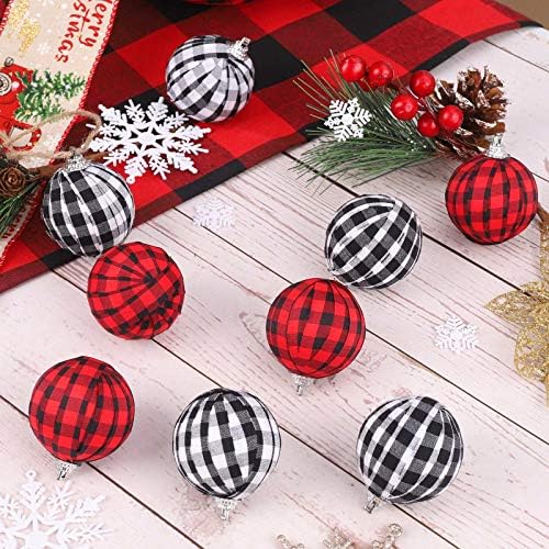 Xueerde 12 парчиња Бафало карирана ткаенина топка божиќни украси за божиќни топка, разнишани Божиќни висечки украси за украси за Божиќ и