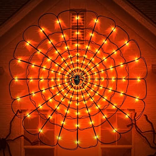 Декорации за Ноќта на вештерките Remon Spider Web Lights, 6,6ft 140 портокалови LED водоотпорни светлосни црни пајаци со голем пајак, 8 трепкачки