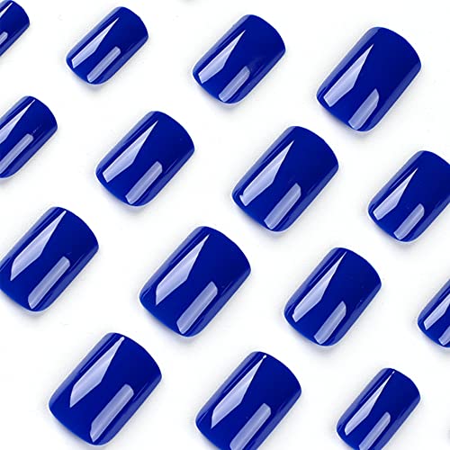 Sapphire Blue Press на нокти Среден краток квадрат, XCreando Salon како ковчег лажни нокти со цврста боја, беспрекорен мек гел