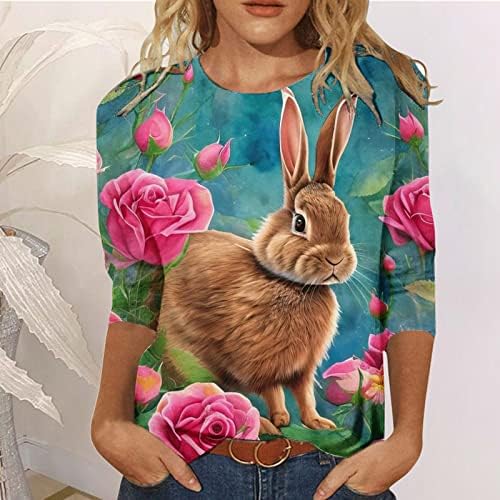 Велигденски кошули за жени 3/4 ракав Симпатични графички маички смешни среќни маици цветни руфли блуза
