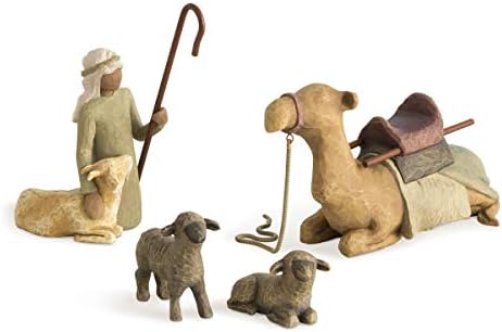 Врба дрво Пастир и стабилни животни, извајани фигури со рачно насликани лица, сет од 4 парчиња
