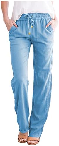 Обични летни постелнини панталони за жени широки нозе панталони со џебови лабави се вклопуваат чиста боја панталони со панталони на плажа