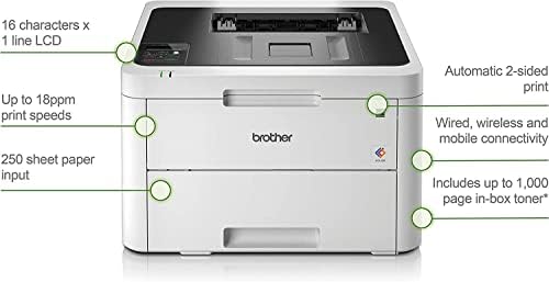 Brother Color HL -L3230CDW Компактен безжичен дигитален ласерски печатач за домашна канцеларија, само бела - само печатење - 25 ppm, 2400 x 600