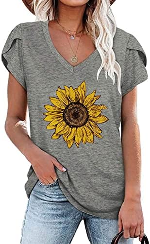 Вклучување на деколте Спандекс маички за женско капаче краток ракав сончоглед цветни графички обични блузи маици дами