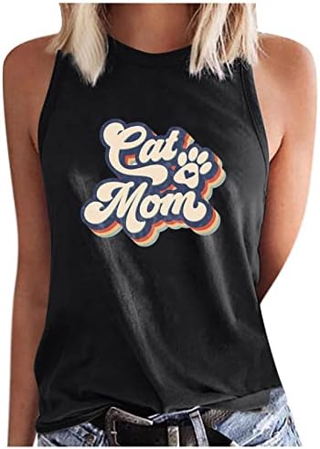 Резервоарот за ден на мајки врвови жени 2023 слатки смешни мачки маички кошули со висока врата со ракави блуза случајно лето камиони елек