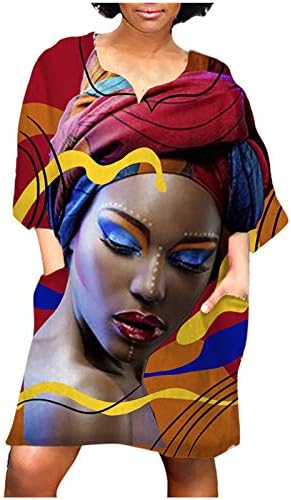 Гроздобер дами за печатење дами Sundress Beach Summer V вратот Обичен мини фустани за жени за жени трендовски моден африкански среден ракав