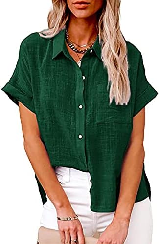 Womenените со краток ракав Постелнина памук длабоко V Turtleneck копче за вратот надолу на маичка блуза блуза за девојчиња 6n