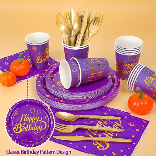 168 п.п. Виолетова роденденски украси, Виолетова и златна роденденска плочи и салфетки за забави-Обвинети пурпурни плочи за роденденски