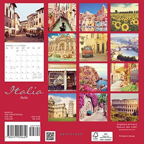 Графика Италија Мини Ѕид Календар, 16-Месец 2019 Ѕид Календар Со Историски италијански Обележје Фотографии, 3 Јазици &засилувач; Големи