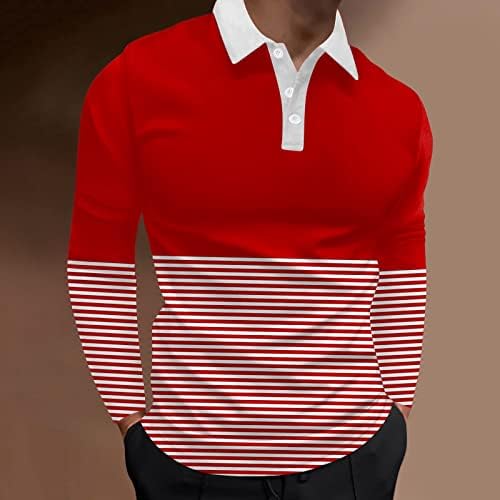 PDFBR машки поло маички, пролетен долг ракав шарена боја блок крпеница копче вратот голф врвови мускули тенок фит кошула