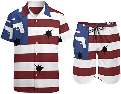 Американски пиштоли со знаме и дупки со куршуми за машки 2 парчиња облека на плажа на хавајски кошула со кратки ракави и костуми за шорцеви