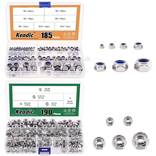 Keadic 375 Pcs 304 Stainless Steel M3 M4 M5 M6 M8 M10 M12 Nylon Insert Lock Nut Assortment Kit and 1/4-20 5/16-18 3/8-168-3210-24 UNC