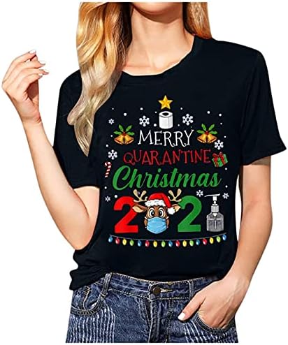 Среќни божиќни маици за жени Божиќ дрво Дедо Мраз Графички врвен врв на кратки ракави екипаж на екипаж за лежерна празничка блуза