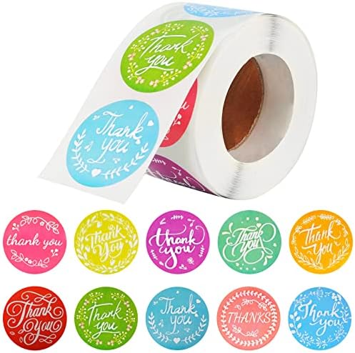SAINYARH 500PCS Ви благодариме налепници, 1,5 инчи круг 10 бои Ви благодариме етикети за вашата нарачка за подароци за мали бизниси, пакувања/роденденски