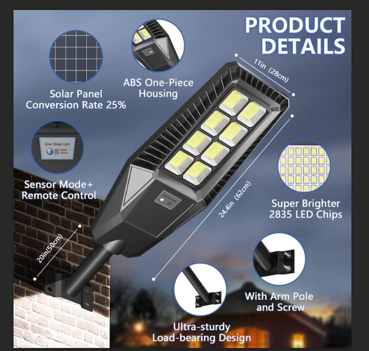 Tenkoo 2 Pack 800W Solar Street Light, Control Control & PIR Motion Sensor, самрак до зори безбедност соларна моќност паркинг 50000 лумени