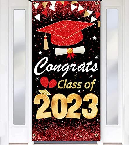Дипломирање Трем На Влезната Врата Знак | Честитки Класа На 2023 Банер | 2023 Дипломирање Украси Црвено | Честитки Град Позадина Виси