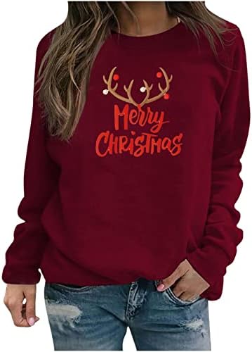 Среќна Божиќна маица женски жени со долг ракав графички симпатичен пуловер врвен лабав екипаж за џемпер на пулвер