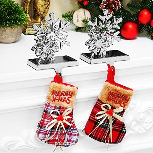 Hotop Double Snowflake Christmas Stocking Holder for Mantle Set од 2, сребрена анти-лизгање снегулка од камин за порибување на порибување,