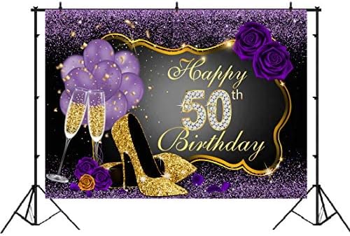 Среќен 50 Ти Роденден Позадини Сјае Виолетова Точки И Злато Рамка Фотографија Позадина За Партија Украси Роза Цветни Балони Потпетици