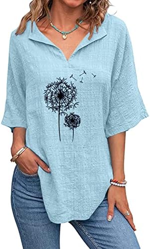 Женски летни врвови лабави вклопени 3/4 ракави блузи, обични кошули со вратот, модни цвеќиња од цвеќиња од туниќ, плус големина