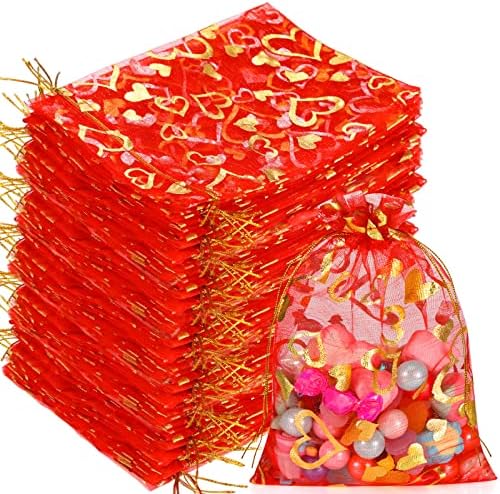 300 Парчиња Чанти За Срце Органза За Денот На Мајката Декор За Подароци 5х7 Инчи Торбички За Накит Со Врвки Љубовно Срце Мали