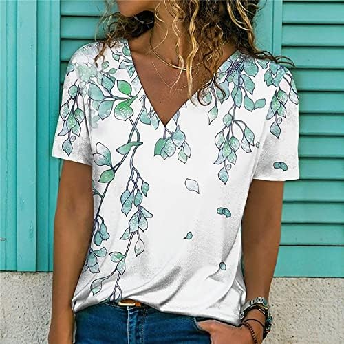 Женски летни обични маици со вратот, симпатични врвови со кратки ракави, трендовски лисја печати тунични маички лабави вклопени