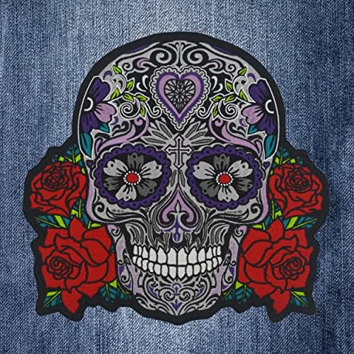 Нуттуи Ден на мртвите мексикански череп со шеќер и рози големи везени моторцикл јакна и велосипедистички елек назад