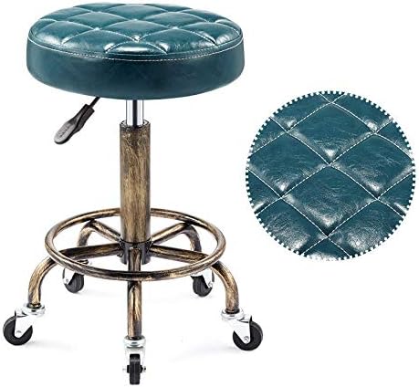 Канцелариска столица седло со тркала ， столче за градинарство со темно зелено синтетичко кожено седиште ， прилагодлива висина 46-60 см ， Поддржана