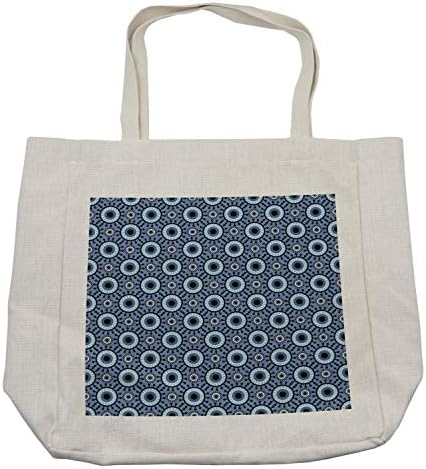 Амбесон-сина и бела торба за купување, кругови со цветни елементи и точки апстрактно око ретро, ​​еколошка торба за еднократно употреба