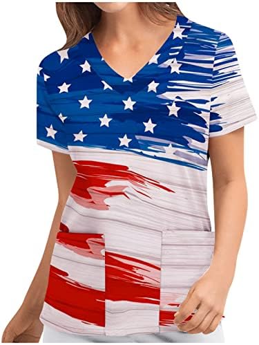 Womenените врвови на американската starвезда графички блузи кратки ракави против вратот Спандекс Работа Работа униформа есен