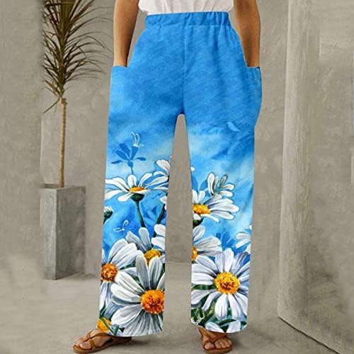 Miashui плус големина џемпери за жени жени обични пролетни летни панталони со плажа шарени цветни печатени панталони за жени