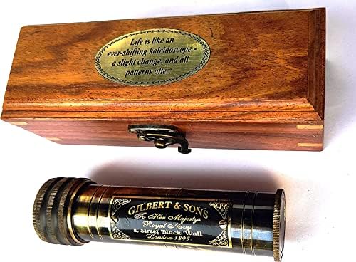 Карв инструменти Калеидоскоп со дрвена кутија, 5 инчи месинг барел антиквитети завршија калеидоскоп, мулти