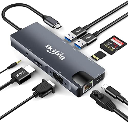 IKLING USB C Hub, 9-во-1 USB C Адаптер СО 4K USB C ДО HDMI, VGA, Gigabit Ethernet, 100W PD, 2 USB-А 5 Gbps, Microsd/SD Читач На Картички,