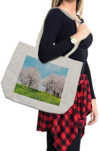 Амбесон-цветна торба за купување, јапонски пролетни предели трева диви цвеќиња цреши дрвја розови цвеќиња панорама, еко-пријателска торба