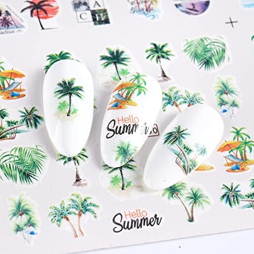 Fuldgaenr 12 чаршафи налепници за летни нокти, 3Д летни палми за нокти, тропски стил Океан плажа дизајн за жени маникир за украсување