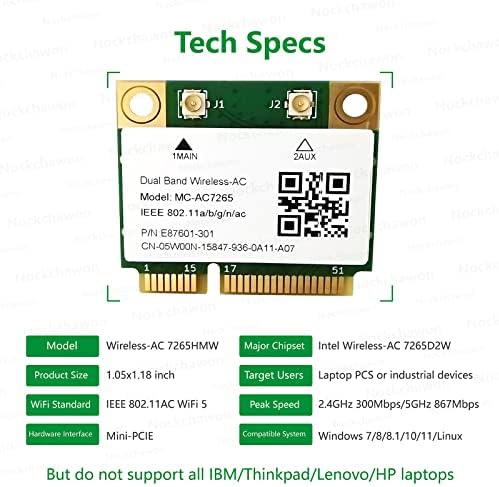 7265HMW Mini PCIe WiFi Bluetooth адаптер, безжична-AC 1200Mbps мрежна картичка за лаптоп и работна површина, поддршка на Windows 7, Windows
