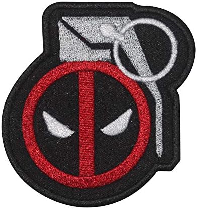 Луки Deadpool Gernade Super Hero Movie Logo извезено железо на лепенка Шие на значка за облека и сл, црна, црвена и бела боја,